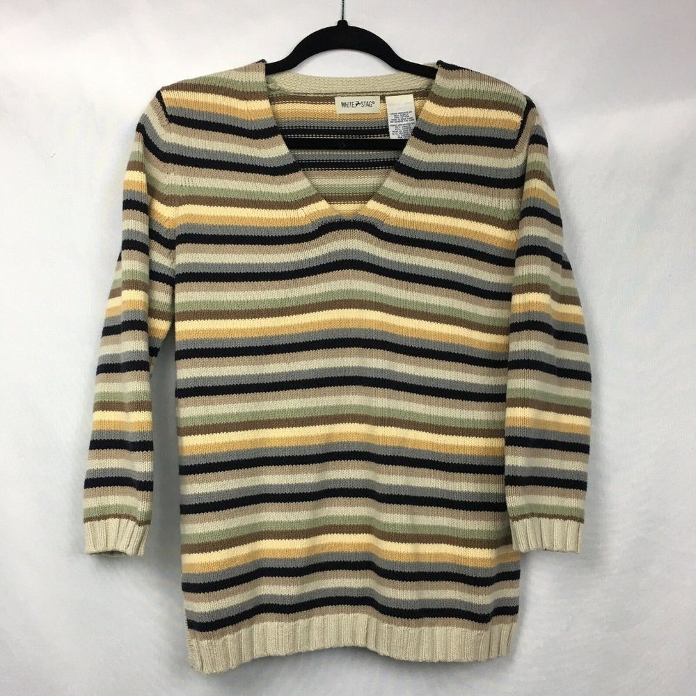White Stag Womens V-neck Striped Sweater 3/4 Sleeve Size Medium 8/10